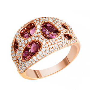 Кольцо из красного золота с бриллиантами, родолитами