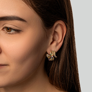 Серьги с английским замком из желтого золота с сапфирами, цаворитами и бриллиантами