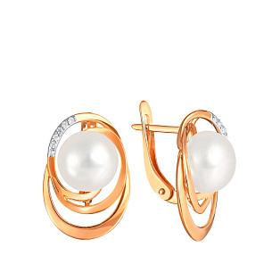 Серьги с английским замком из красного золота с жемчугом и фианитом
