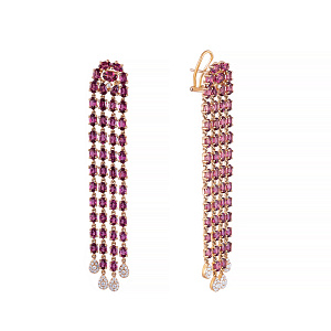 Серьги из желтого золота с бриллиантами, родолитами