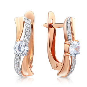 Серьги с английским замком из красного золота с фианитом