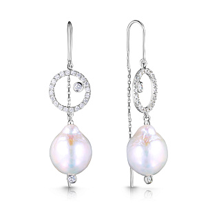 Серьги Продевки из белого золота с бриллиантами и жемчугом