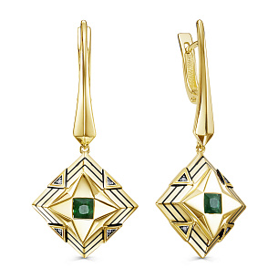 Серьги с английским замком из желтого золота с бриллиантами и изумрудами