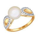Кольцо из красного золота с жемчугом, фианитом