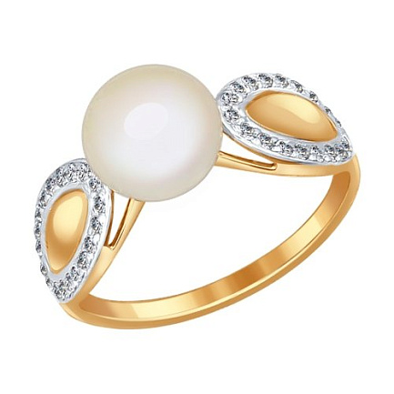 Кольцо из красного золота с жемчугом, фианитом