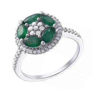 Кольцо из белого золота с бриллиантами, изумрудами