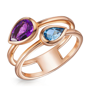 Кольцо из красного золота с аметистом и топазом