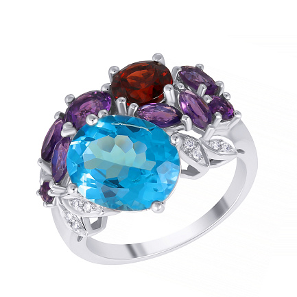 Кольцо из белого золота с бриллиантами, аметистами