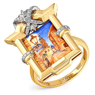 Кольцо из желтого золота с бриллиантами и финифтью