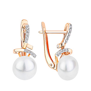 Серьги с английским замком из красного золота с жемчугом и фианитом