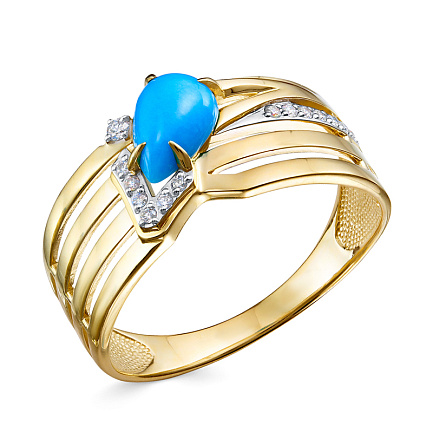 Кольцо из желтого золота с бриллиантами, бирюзой