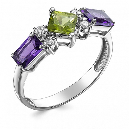 Кольцо из белого золота с бриллиантами, аметистами