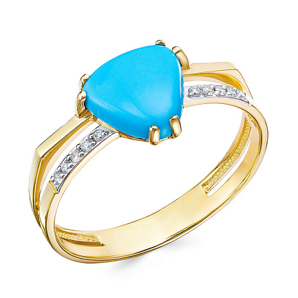 Кольцо из желтого золота с бриллиантами, бирюзой