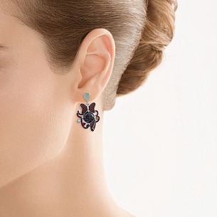 Пусеты из серебра с обсидианом, фианитом