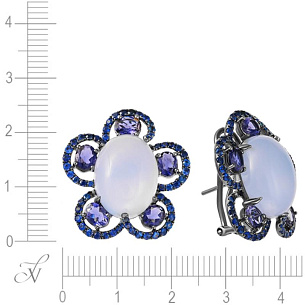 Серьги из черненого золота с сапфирами, иолитами, халцедонами