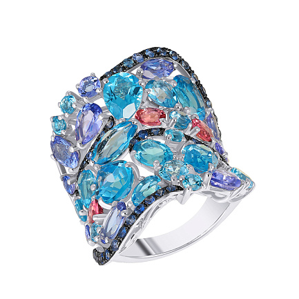 Кольцо из белого золота с сапфирами, танзанитами