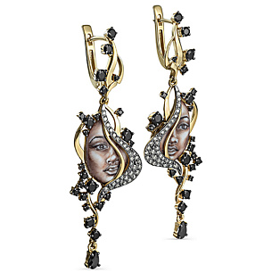 Серьги с английским замком из желтого золота с бриллиантами, ониксами, финифтями, шпинелями