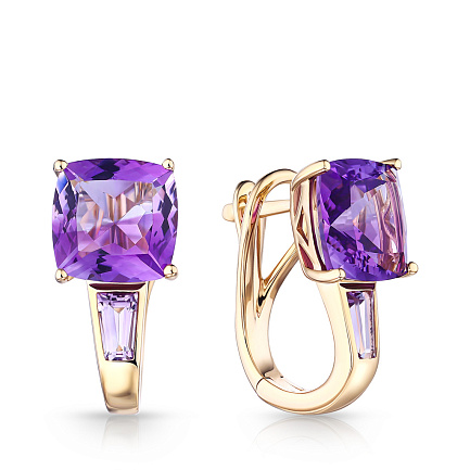 Серьги с английским замком из желтого золота с аметистами