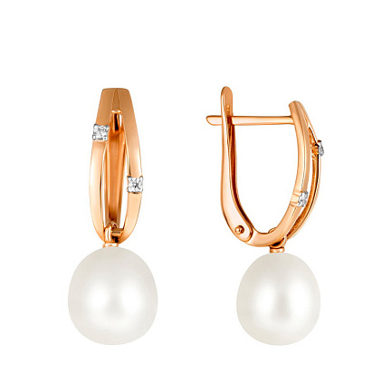 Серьги из красного золота с жемчугом, фианитом