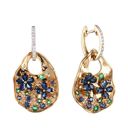 Серьги из желтого золота с бриллиантами, изумрудами