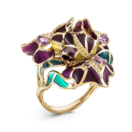 Кольцо из желтого золота с бриллиантами, аметистами