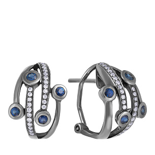 Серьги из черненого золота с бриллиантами, сапфирами