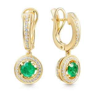 Серьги с английским замком из желтого золота с бриллиантами, изумрудами