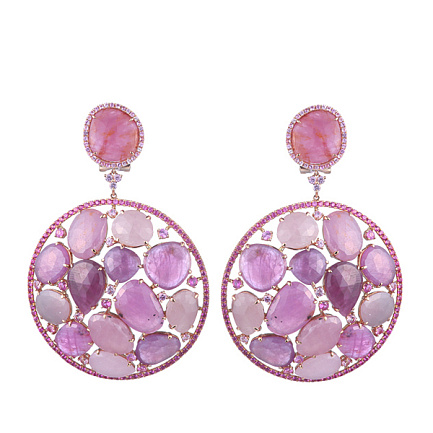 Серьги из красного золота с корундами, сапфирами