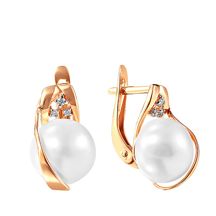 Серьги из красного золота с жемчугом, фианитом