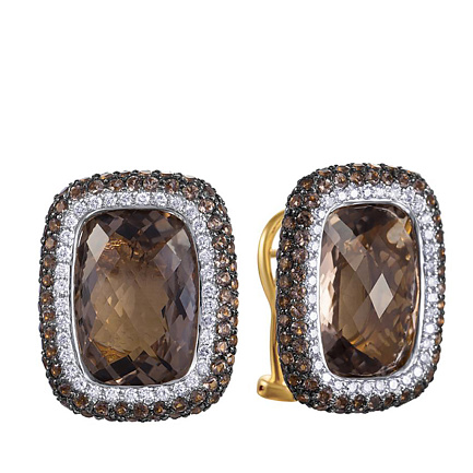 Серьги из желтого золота с бриллиантами, раухтопазами