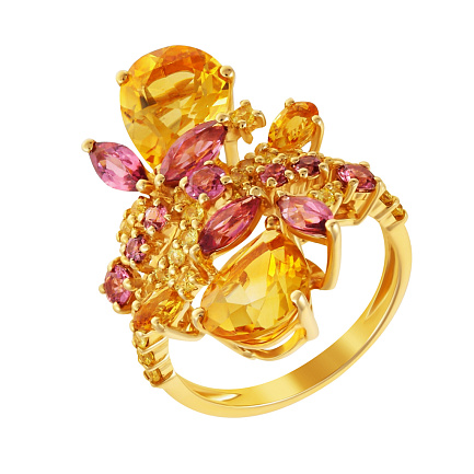 Кольцо из желтого золота с родолитами, сапфирами