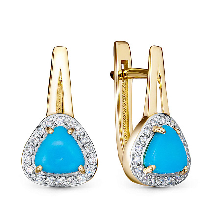 Серьги из желтого золота с бриллиантами, бирюзой