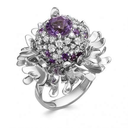 Кольцо из белого золота с бриллиантами, аметистом