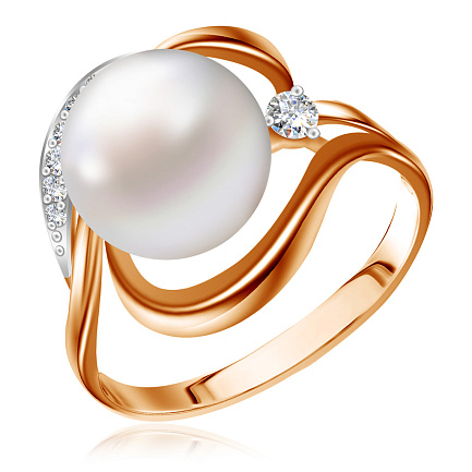 Кольцо из красного золота с жемчугом, фианитом