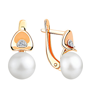 Серьги с английским замком из красного золота с жемчугом
