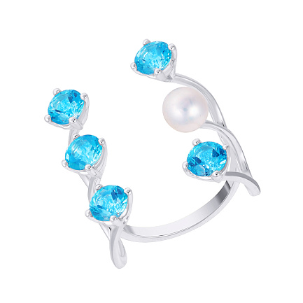 Кольцо из белого золота с жемчугом, топазами