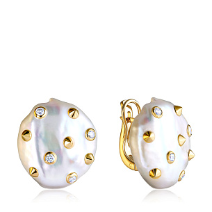 Серьги с английским замком из желтого золота с жемчугом, бриллиантами