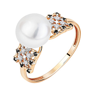 Кольцо из красного золота с жемчугом и фианитом