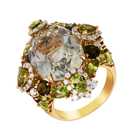 Кольцо из желтого золота с бриллиантами, перидотами