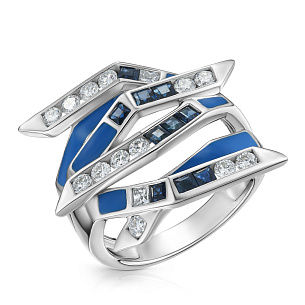 Кольцо из белого золота с бриллиантами, сапфирами и эмалью