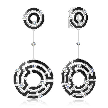 Серьги из белого золота с бриллиантами, эмалью