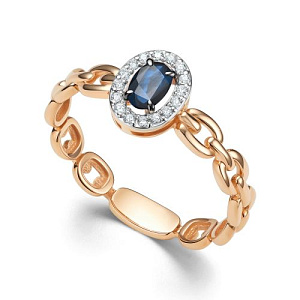 Кольцо из красного золота с бриллиантами, сапфиром