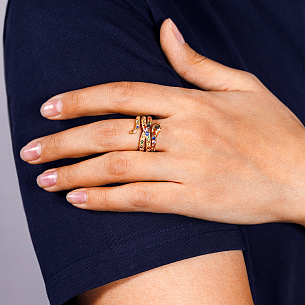 Кольцо из желтого золота с бриллиантами, сапфирами, цаворитом