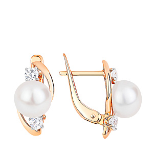 Серьги с английским замком из красного золота с фианитом, жемчугом