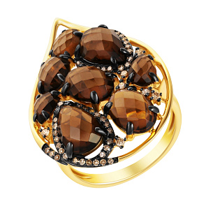 Кольцо из желтого золота с бриллиантами и раухтопазами