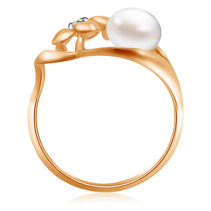 Кольцо из красного золота с жемчугом, фианитом