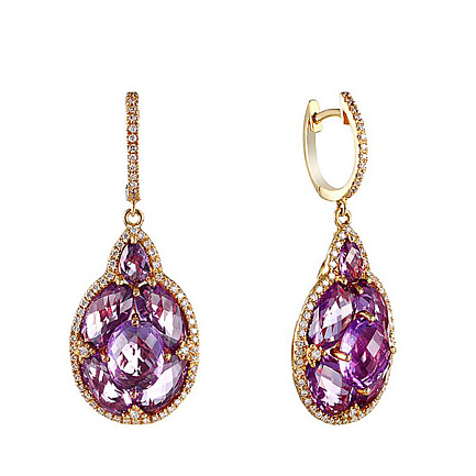 Серьги из желтого золота с бриллиантами, аметистами