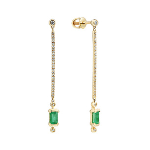 Пусеты из желтого золота с бриллиантами, изумрудами