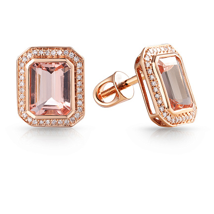 Пусеты из красного золота с бриллиантами, морганитом