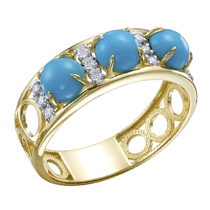 Кольцо из желтого золота с бриллиантами, бирюзой